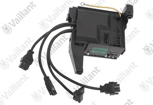 Vaillant Anschlusskasten mit mehreren elektrischen Anschlüssen und Kabeln, geeignet für die Integration in ein Heizungs- oder Klimasystem.